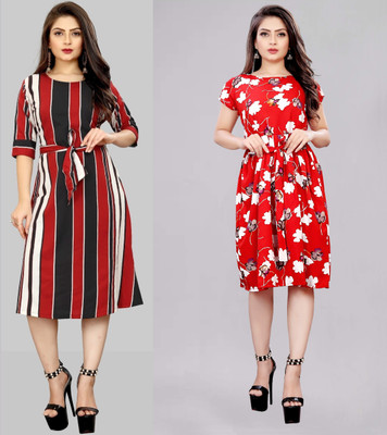tanvi creation Women Fit and Flare Red Knee Length Dress