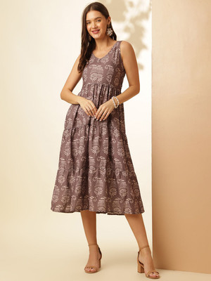 ANOUK Women Fit and Flare Brown Midi/Calf Length Dress