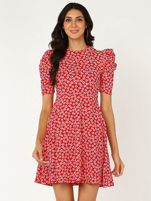 Mast & Harbour Women Fit and Flare Red Above Knee/Mid Thigh Length Dress