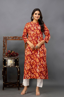 Gudwear Women Printed Straight Kurta(Orange)