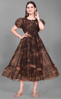 Parth Creation Women Fit and Flare Brown Maxi/Full Length Dress