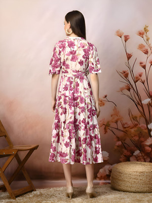 HouseOfCommon Women Fit and Flare White, Purple Below Knee Dress