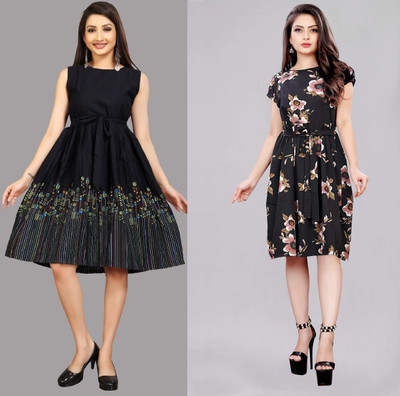 Hiral Creation Women Fit and Flare Multicolor Knee Length Dress