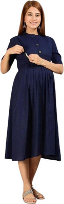 Alluring Women Fit and Flare Dark Blue Midi/Calf Length Dress