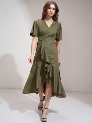 Tokyo Talkies Women Wrap Green Midi/Calf Length Dress