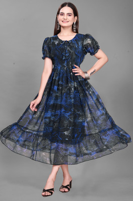 Parth Creation Women Fit and Flare Dark Blue Maxi/Full Length Dress