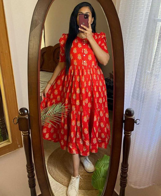 Stylepath Women A-line Orange Midi/Calf Length Dress