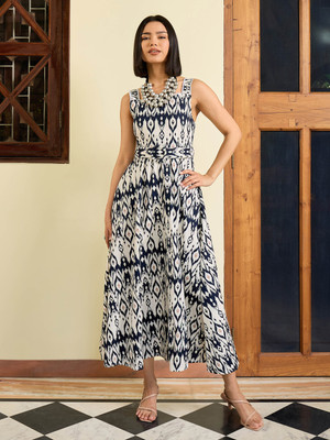 Pink Paprika By SASSAFRAS Women Fit and Flare Dark Blue, White Midi/Calf Length Dress