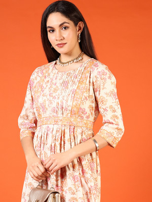 V-MART Women A-line Orange Midi/Calf Length Dress