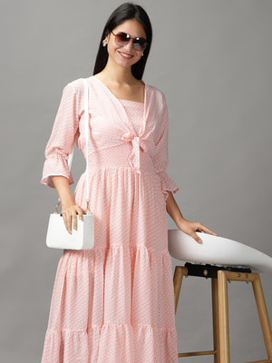 SHOWOFFFF Women Fit and Flare Pink Maxi/Full Length Dress