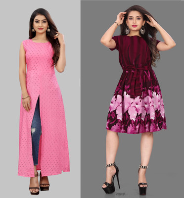 maruti fab Women Fit and Flare Pink Knee Length Dress
