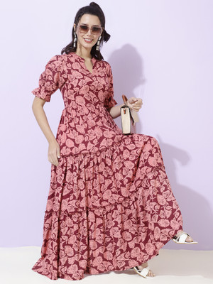 Daevish Women Fit and Flare Maroon Ankle Length Dress