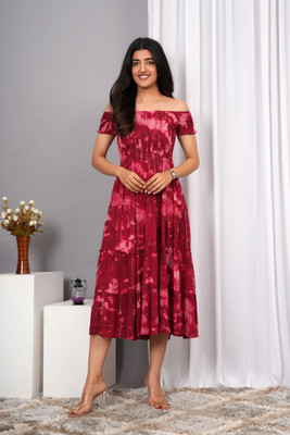 VYMO Women Fit and Flare Maroon Below Knee Dress