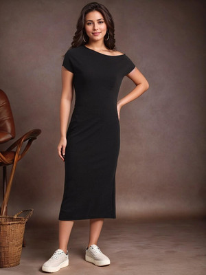 Dwarros Women Sheath Black Midi/Calf Length Dress