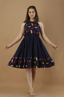 METRONAUT Women Fit and Flare Blue Above Knee/Mid Thigh Length Dress