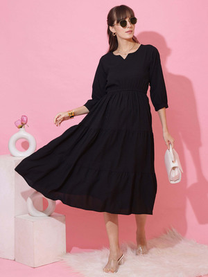Seek By Sheetal Women Fit and Flare Black Midi/Calf Length Dress