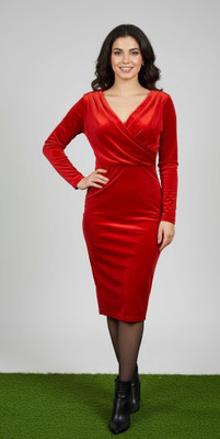 Riddhisworld Women A-line Red Midi/Calf Length Dress