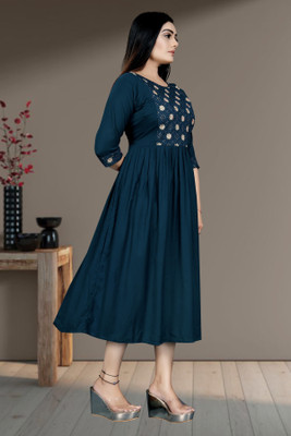 ShopGlobal Women A-line Blue Knee Length Dress