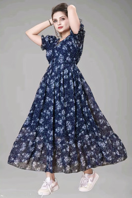 QVAZOR Women Fit and Flare Blue Maxi/Full Length Dress