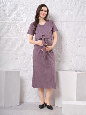EASYMOM Women Fit and Flare Purple Ankle Length Dress