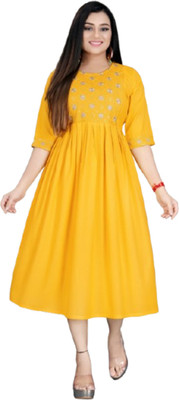 DICHIKA Fashion Women Fit and Flare Yellow Midi/Calf Length Dress