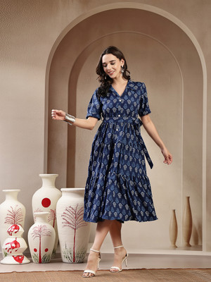 Stylum Women Fit and Flare Blue Midi/Calf Length Dress