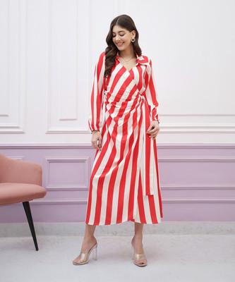 ATHENA Women Wrap Red, White Midi/Calf Length Dress