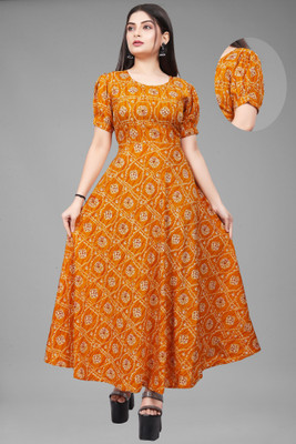 Parth Creation Women Fit and Flare Yellow Maxi/Full Length Dress