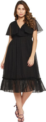 HouseOfCommon Women Fit and Flare Black Midi/Calf Length Dress