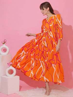 Sheetal Accociates Women Fit and Flare Orange Maxi/Full Length Dress