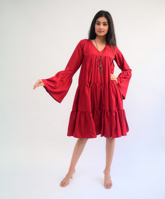 diyaz Women Fit and Flare Maroon Midi/Calf Length Dress