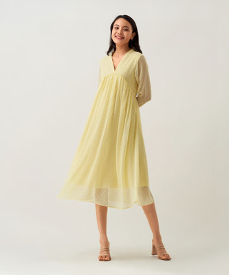 AASK Women Fit and Flare Yellow Midi/Calf Length Dress