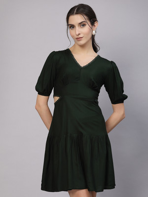 AAYU Women A-line Green Above Knee/Mid Thigh Length Dress