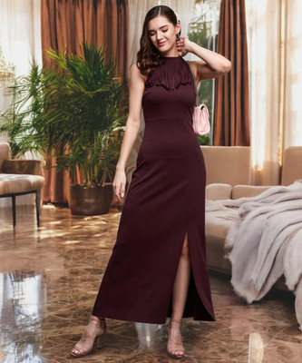 Miss Chase Women Bodycon Maroon Midi/Calf Length Dress