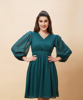 Globus Women A-line Green Above Knee/Mid Thigh Length Dress