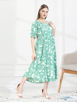 KAITEI Women Fit and Flare Green Ankle Length Dress