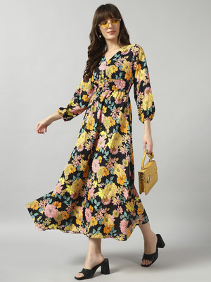 Jash Creation Women Fit and Flare Yellow Midi/Calf Length Dress