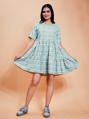GROMint Women Fit and Flare Green Knee Length Dress