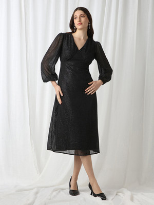 Globus Women Fit and Flare Black Midi/Calf Length Dress