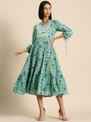 all about you Women A-line Green Midi/Calf Length Dress