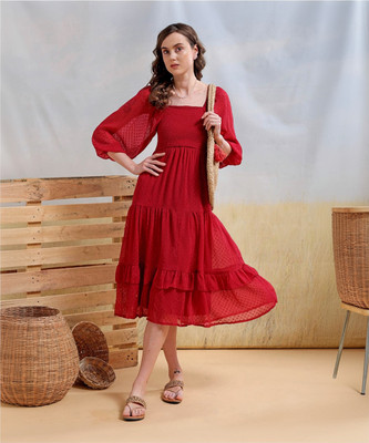 The Indian Garage Co. -Freehand Women Tiered Red Midi/Calf Length Dress