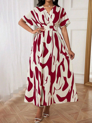 Leriya Fashion Women Fit and Flare Red, White Midi/Calf Length Dress