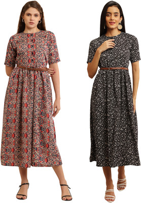 Mamnoon Women Fit and Flare Grey, Light Blue Midi/Calf Length Dress