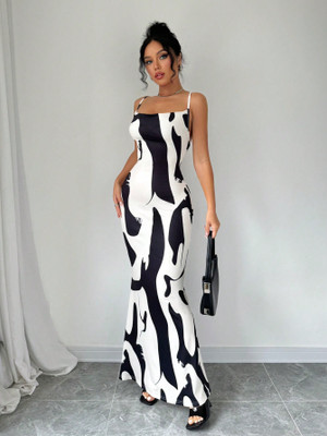 Caozynest Women Bodycon Black, White Ankle Length Dress