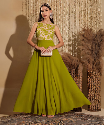 Miss Chase Women Fit and Flare Green Maxi/Full Length Dress