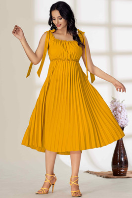 TextileNow Women Pleated Yellow Midi/Calf Length Dress