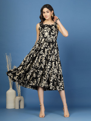 AHMI Women Fit and Flare Black Knee Length Dress