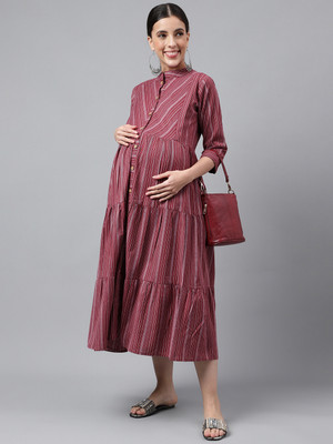 Negen Women Fit and Flare Maroon, White Midi/Calf Length Dress
