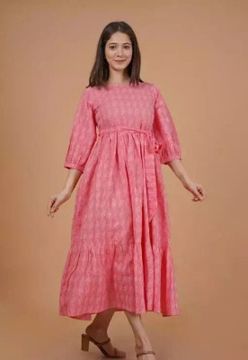 HouseOfCommon Women A-line Pink, White Midi/Calf Length Dress