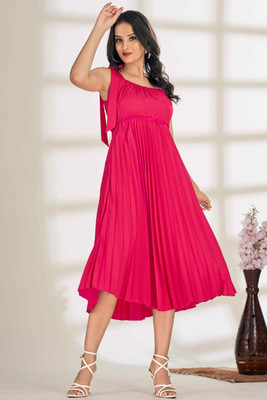 Glomee Women Pleated Pink Midi/Calf Length Dress